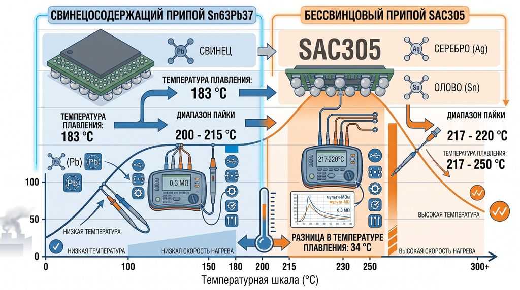 Сравнение температурных окон припоев SAC305 и Sn63Pb37 для пайки BGA