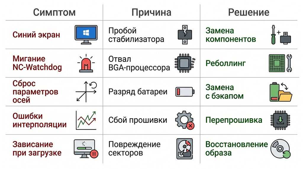 Чек-лист аварийных ситуаций стойки ЧПУ: симптом, причина, метод устранения