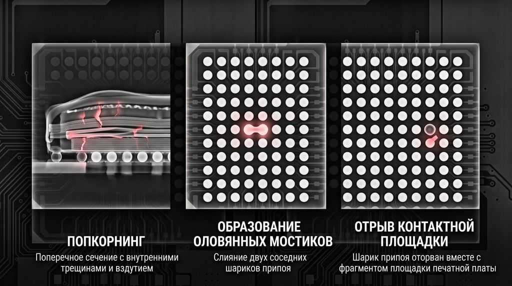 Типичные дефекты пайки BGA: попкорнинг, слипание шариков, отрыв контактной площадки
