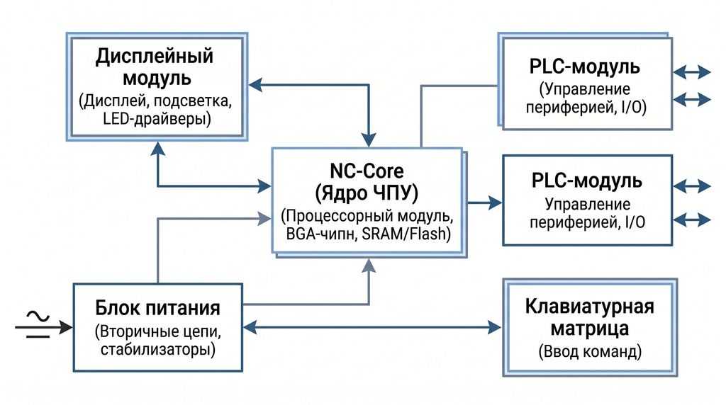 Модульная архитектура стойки ЧПУ: Display Unit, NC-Core, PLC-модуль, Power Supply, клавиатурная матрица