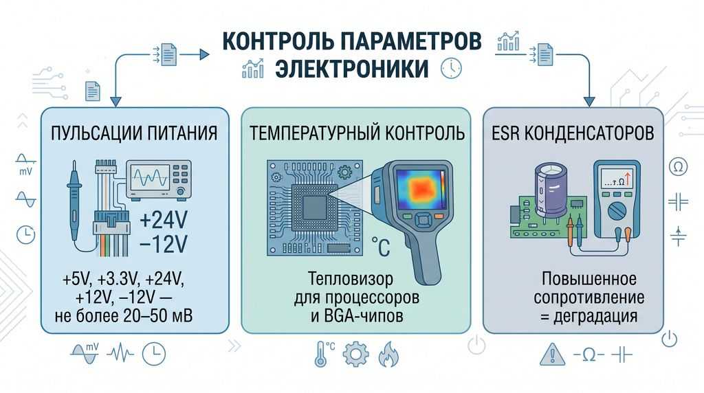Параметры диагностики стойки ЧПУ: пульсации питания, температурный контроль, ESR конденсаторов