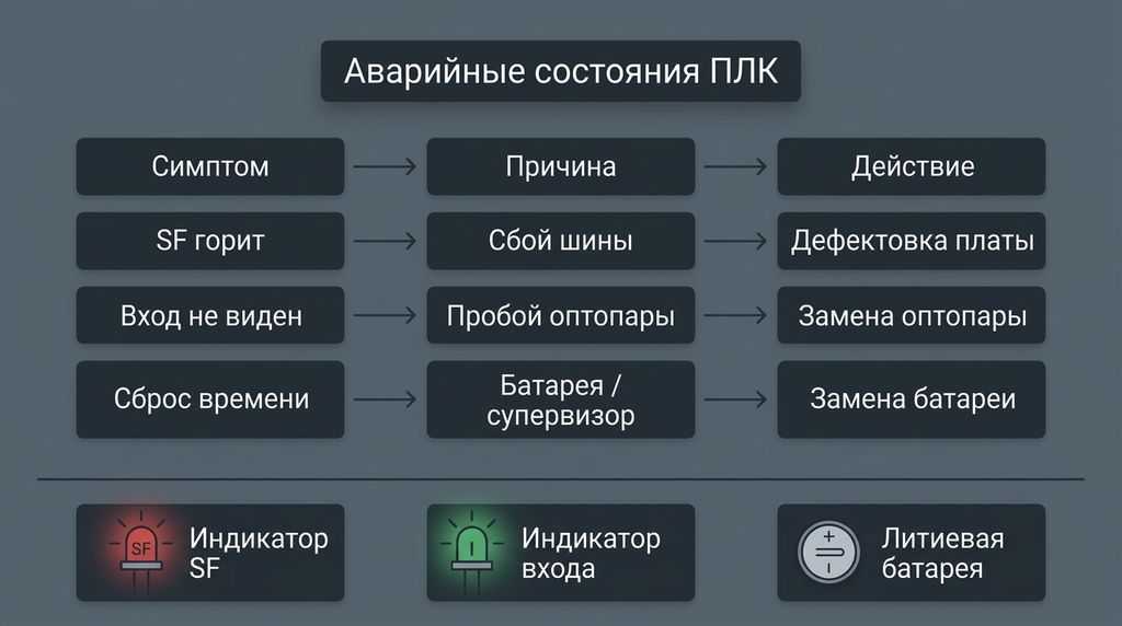 Аварийные состояния ПЛК: симптом, аппаратная причина, рекомендуемое действие