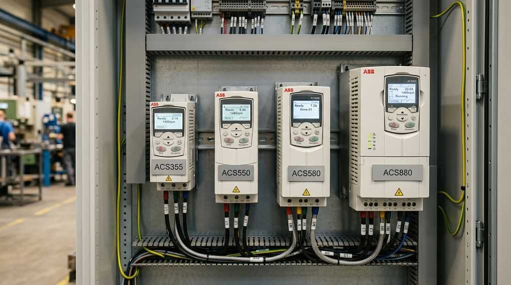Частотные преобразователи ABB в промышленном шкафу: серии ACS355, ACS550, ACS580, ACS880