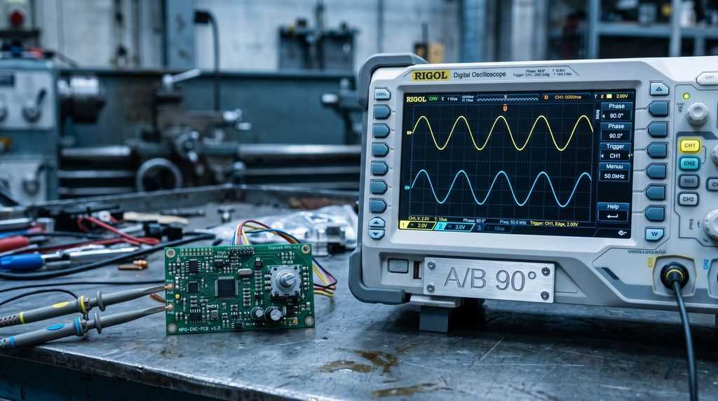 Осциллограф показывает фазовый сдвиг 90° между сигналами A и B энкодера MPG