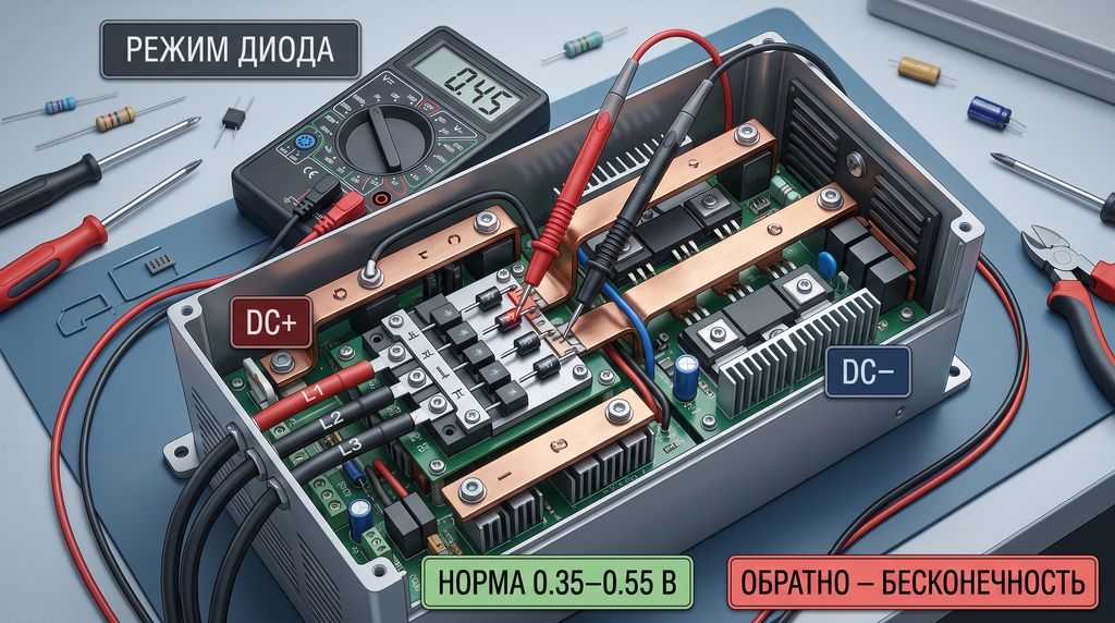 Холодная прозвонка силовой части частотного преобразователя мультиметром в режиме проверки диодов