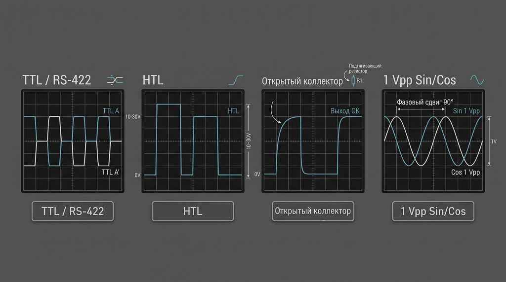 Осциллограммы интерфейсов энкодера: TTL/RS-422, HTL, Open Collector, 1 Vpp