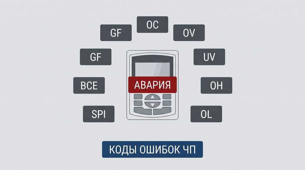Коды ошибок частотного преобразователя: OC, OV, UV, OH, OL, SPI, BCE, GF
