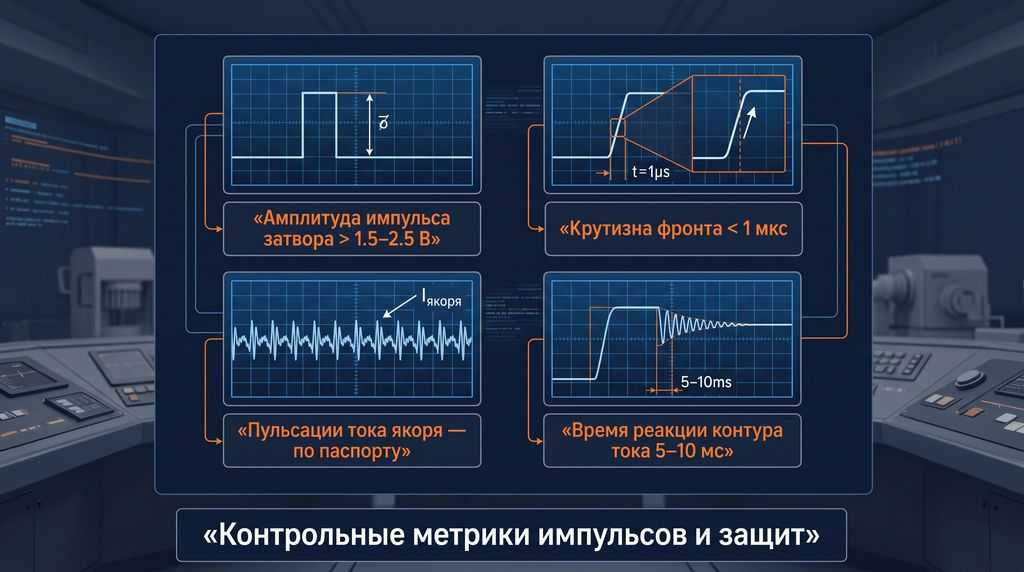 Контрольные метрики импульсов управления и защит привода постоянного тока