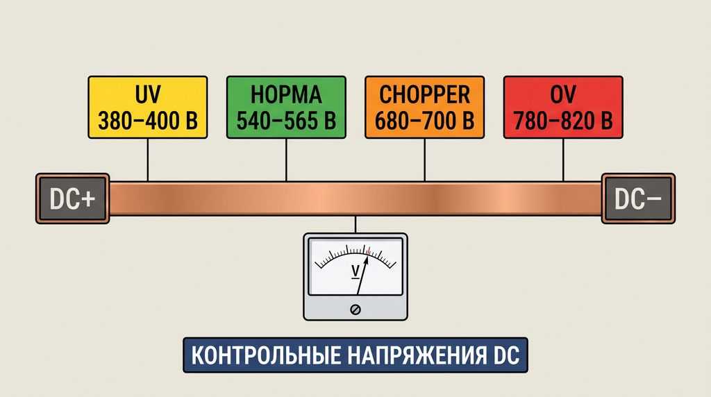Контрольные напряжения звена DC частотного преобразователя: норма 540–565 В, UV 380–400 В, Chopper 680–700 В, OV 780–820 В