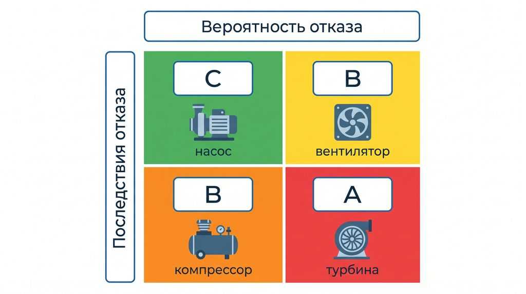 Матрица критичности оборудования RCM/FMEA: классы A, B, C по вероятности и последствиям отказа
