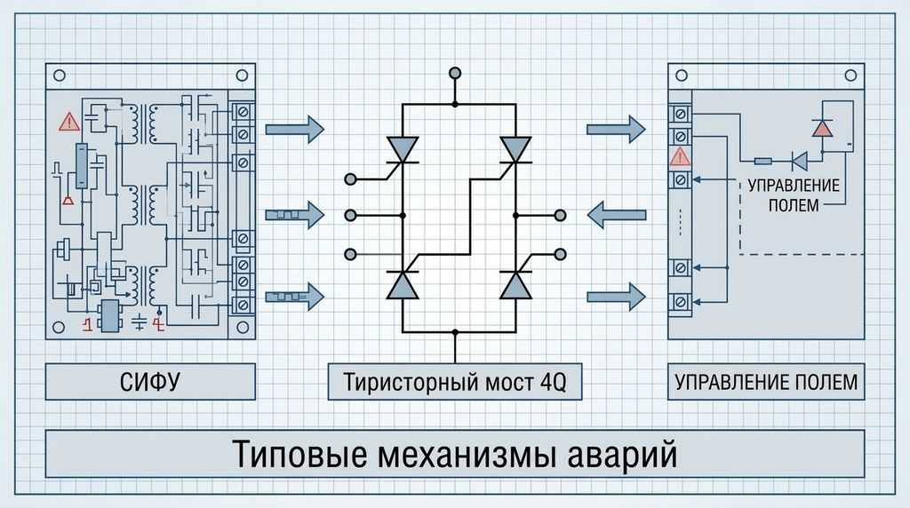 Неисправности тиристорных преобразователей и СИФУ привода постоянного тока