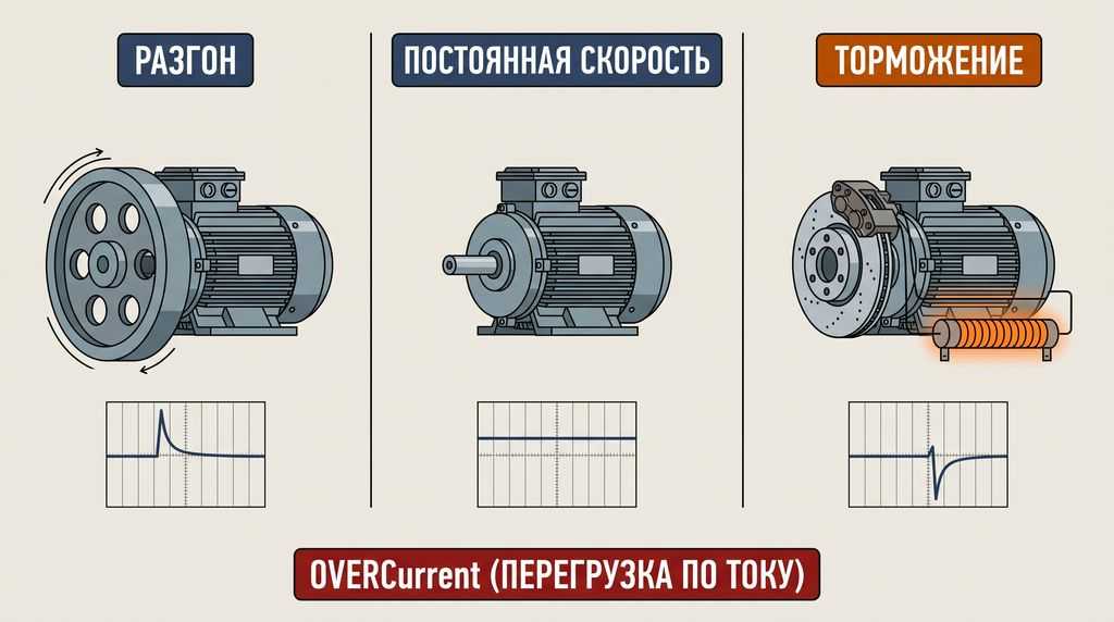 Механизмы аварии Overcurrent: перегрузка по току при разгоне, на постоянной скорости и при торможении
