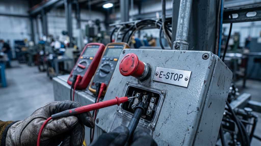 Проверка цепи аварийного останова E-Stop мультиметром на промышленном пульте