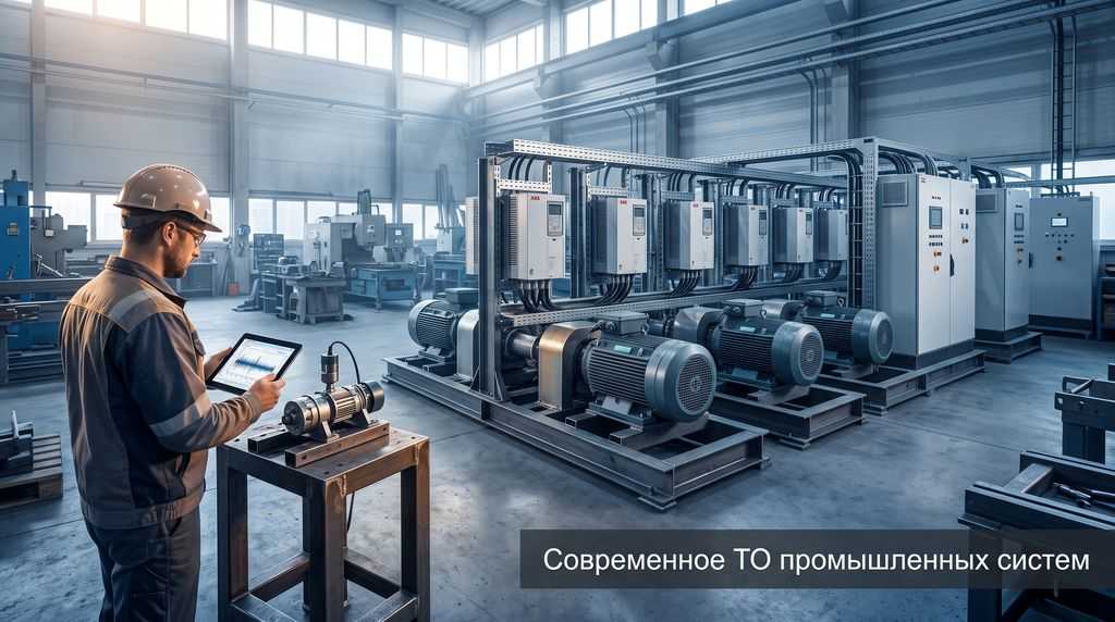 Современное техническое обслуживание промышленного оборудования: инженер с планшетом на фоне работающих электродвигателей и шкафов автоматики