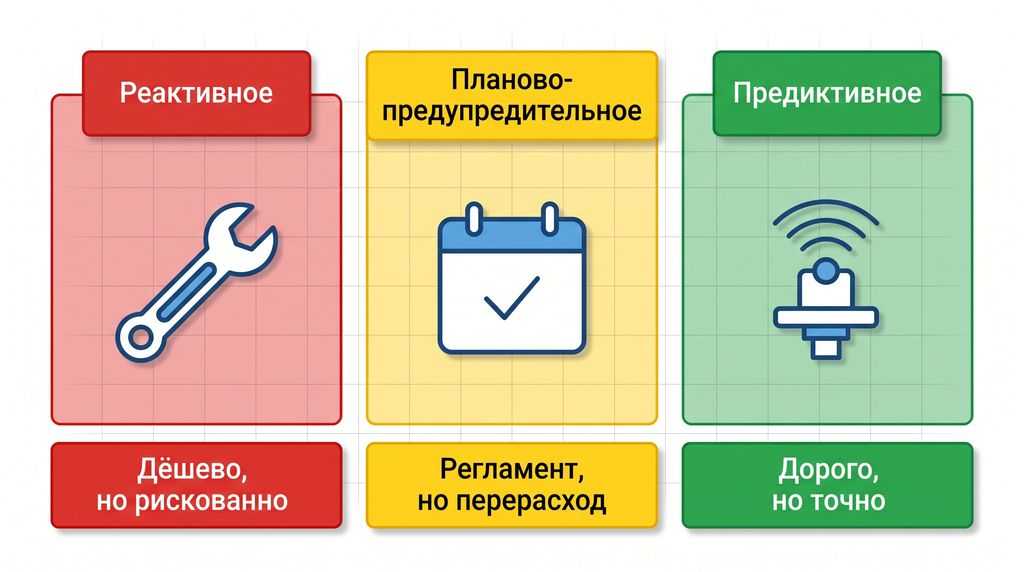 Сравнение стратегий ТОиР: реактивное, планово-предупредительное и предиктивное обслуживание