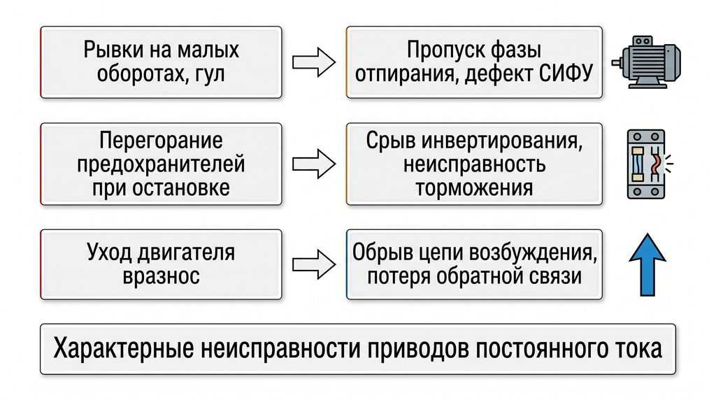 Таблица характерных неисправностей приводов постоянного тока: симптом и причина