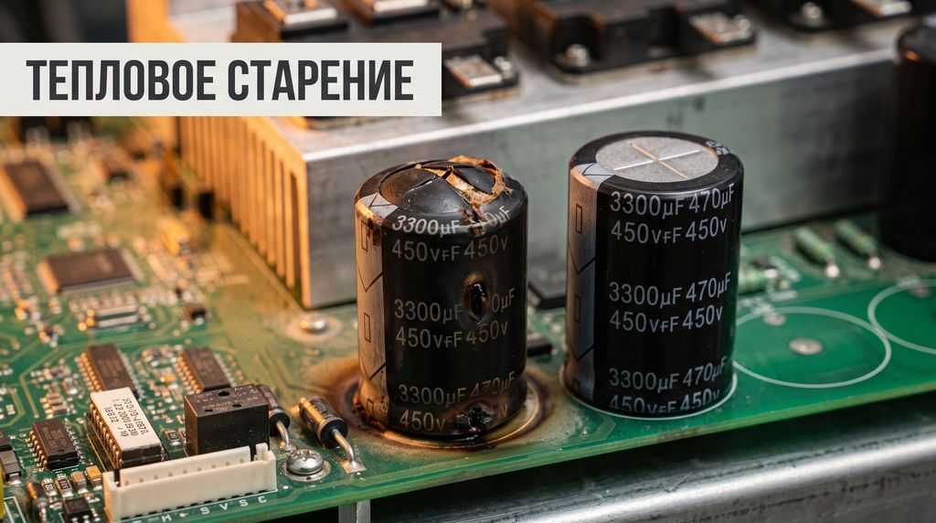 Вздувшийся электролитический конденсатор на промышленной плате - результат теплового старения и роста ESR