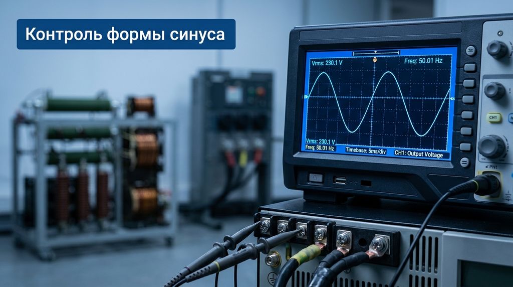 Контроль формы выходного синуса промышленного ИБП осциллографом - коэффициент гармонических искажений