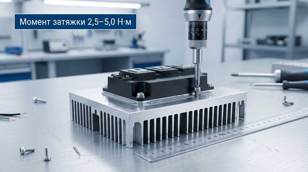 Монтаж IGBT-модуля на радиатор: момент затяжки динамометрической отверткой и слой термопасты 50–100 мкм