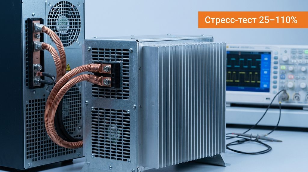 Нагрузочные тесты промышленного ИБП на балластной нагрузке - стресс-тест 25–110% от номинала