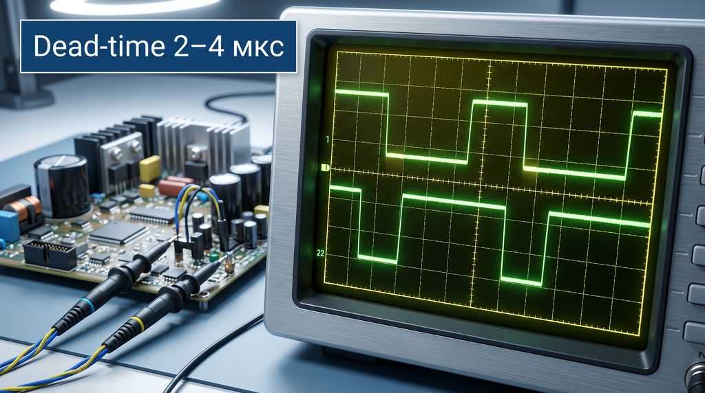 Осциллограммы сигналов затворов IGBT с Dead-time 2–4 мкс - контроль драйвера частотного преобразователя