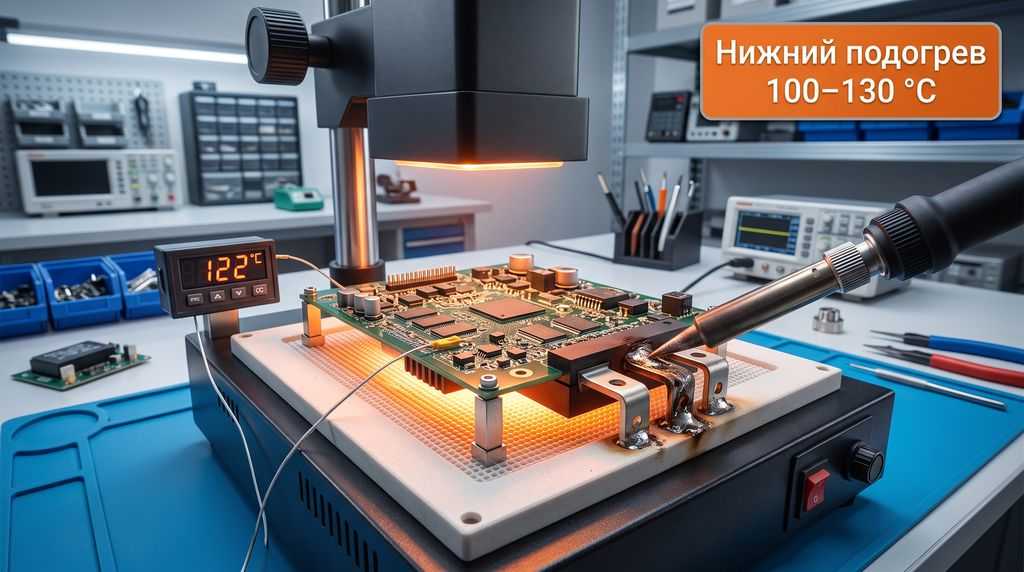 Пайка IGBT-модуля с нижним подогревом платы 100–130 °C - термопрофиль для силовых узлов