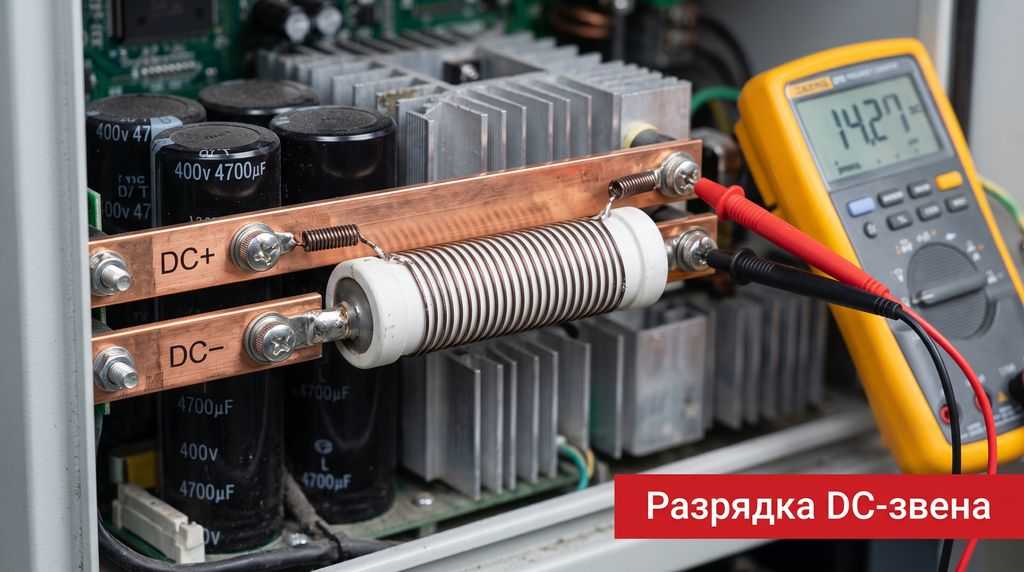Разрядка конденсаторов DC-звена частотного преобразователя через резистор с контролем мультиметром
