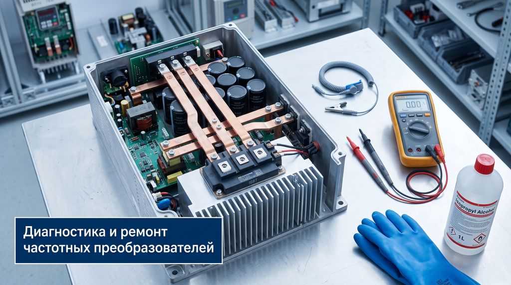 Ремонт частотного преобразователя: силовая часть с IGBT-модулем и конденсаторами на сервисном столе