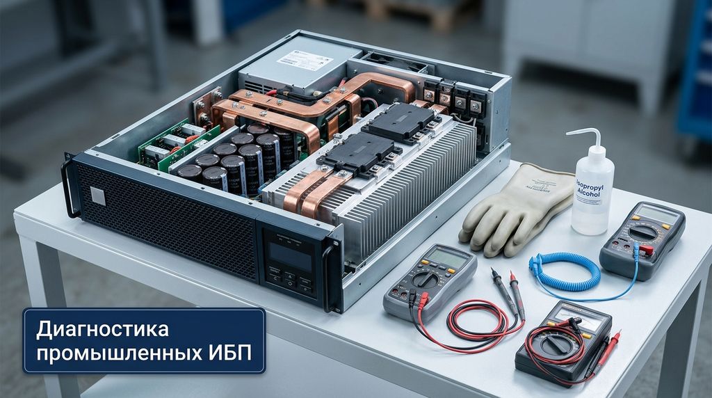 Ремонт промышленного ИБП: силовая часть с IGBT-модулями, конденсаторами и тиристорами на сервисном столе