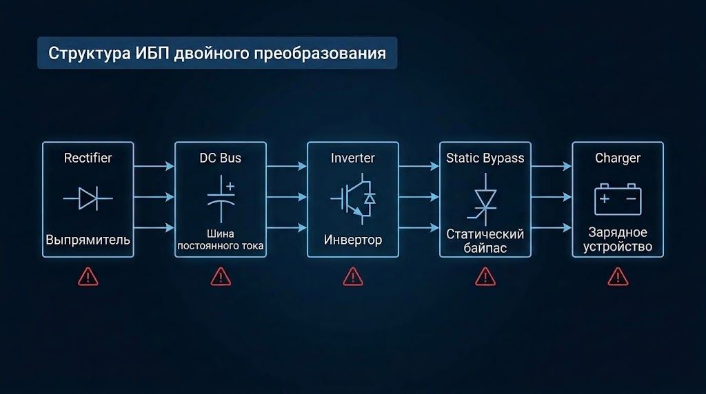 Структура ИБП двойного преобразования: выпрямитель, шина постоянного тока, инвертор, статический байпас, зарядное устройство