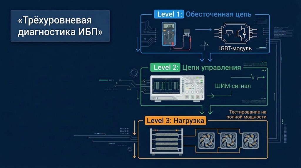 Трёхуровневая диагностика промышленного ИБП: входной контроль, анализ цепей управления, диагностика под нагрузкой