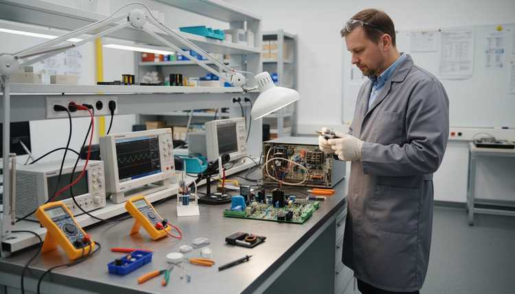 Инженер проводит бесплатную диагностику промышленной электроники на тестовом стенде