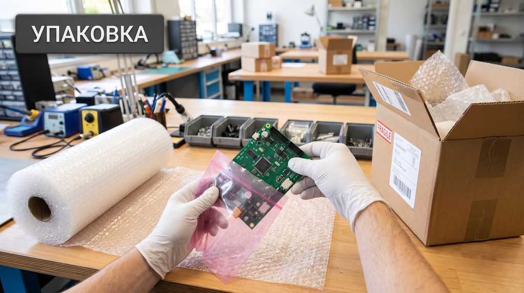 Упаковка печатной платы в ESD-пакет и воздушно-пузырьковую плёнку для отправки в ремонт