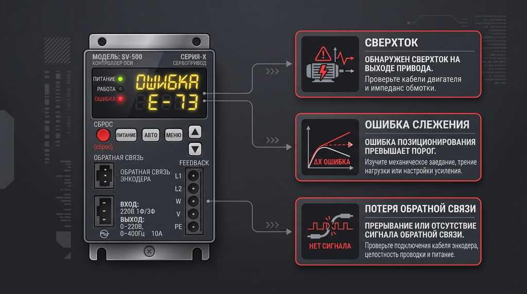 Аварийные коды и симптомы сервоприводов: Overcurrent, Feedback Loss
