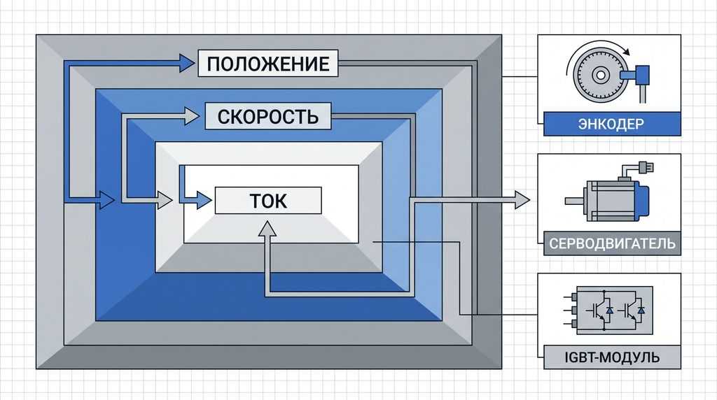 Три контура управления сервоприводом: тока, скорости, положения