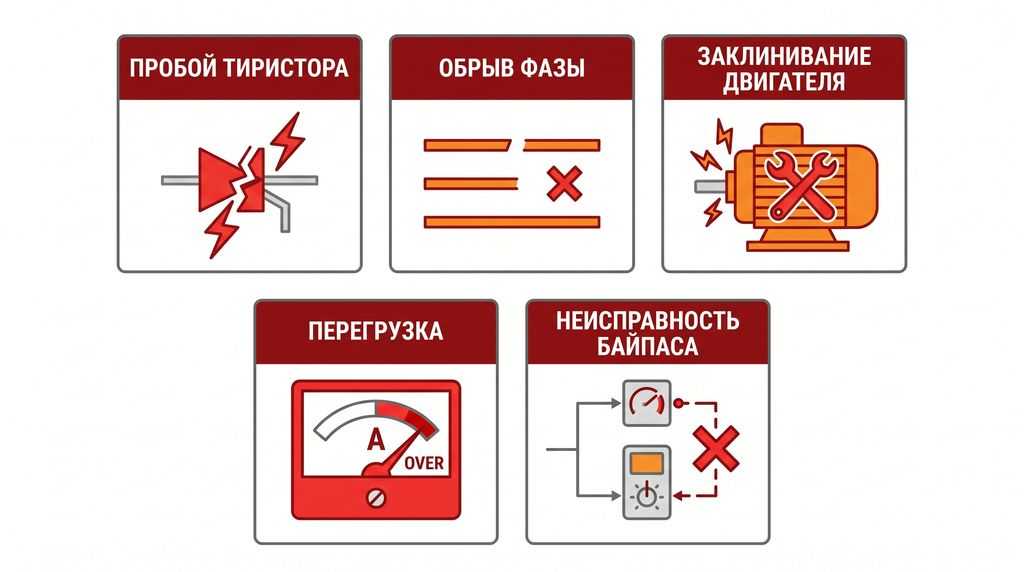 Таблица аварийных кодов УПП: пробой тиристора, обрыв фазы, перегрузка, байпас