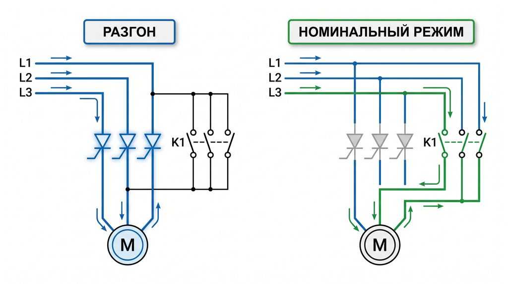 Схема работы байпасного контактора в УПП: разгон и номинальный режим