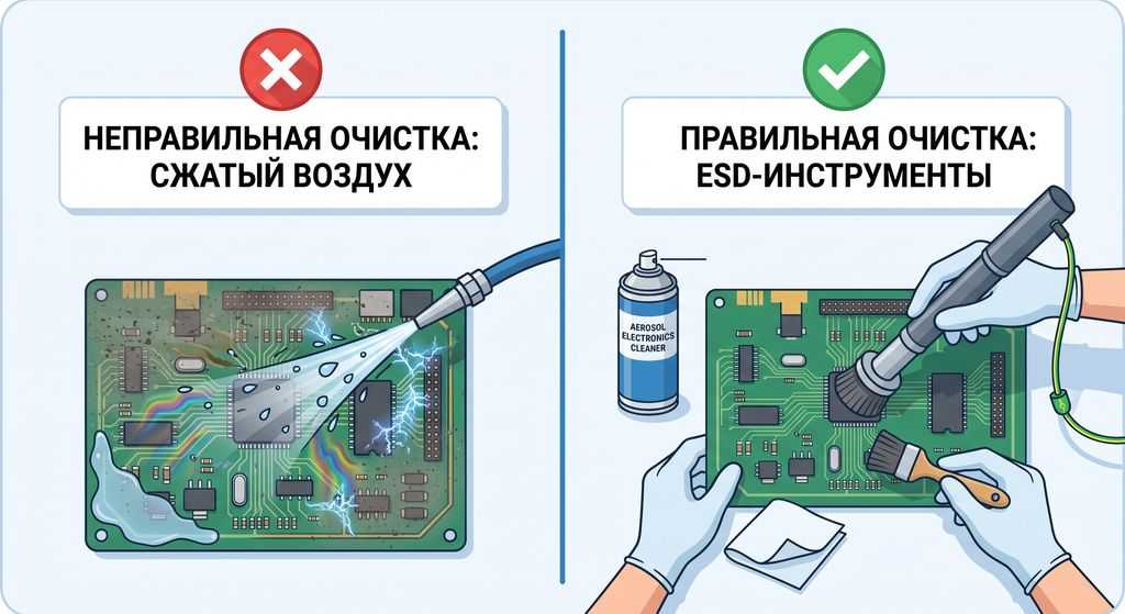 Очистка частотного преобразователя от пыли: осушенный воздух и ESD-безопасный пылесос вместо влажной продувки