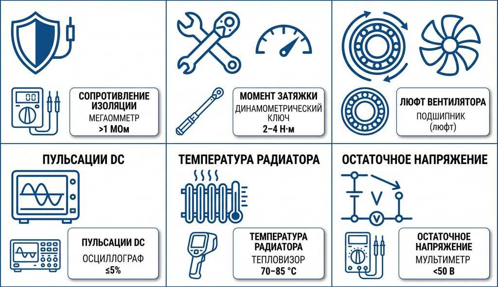 Пороговые значения параметров ТО частотного преобразователя: сопротивление изоляции, момент затяжки, пульсации