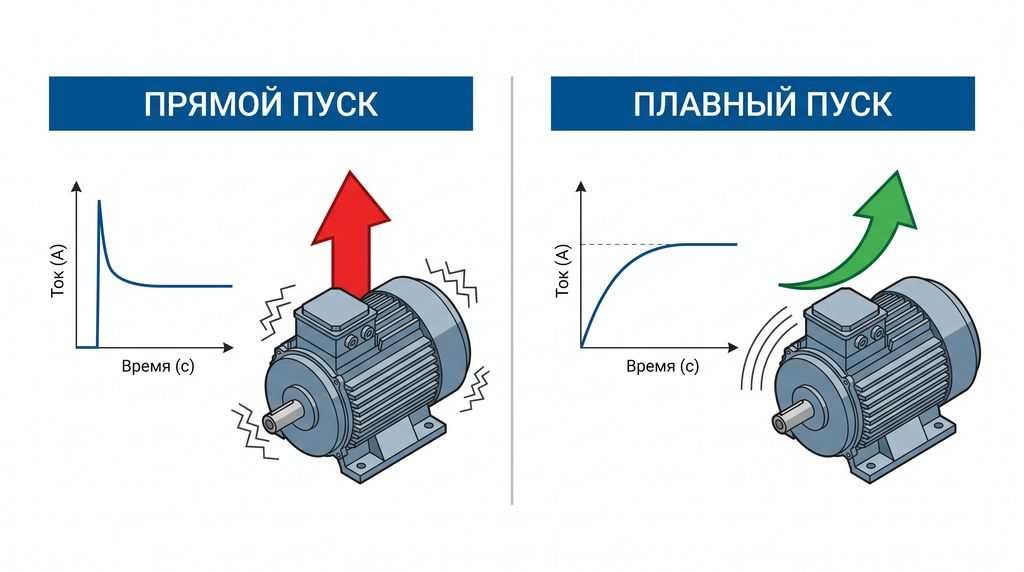 Сравнение прямого пуска и плавного пуска электродвигателя: графики тока