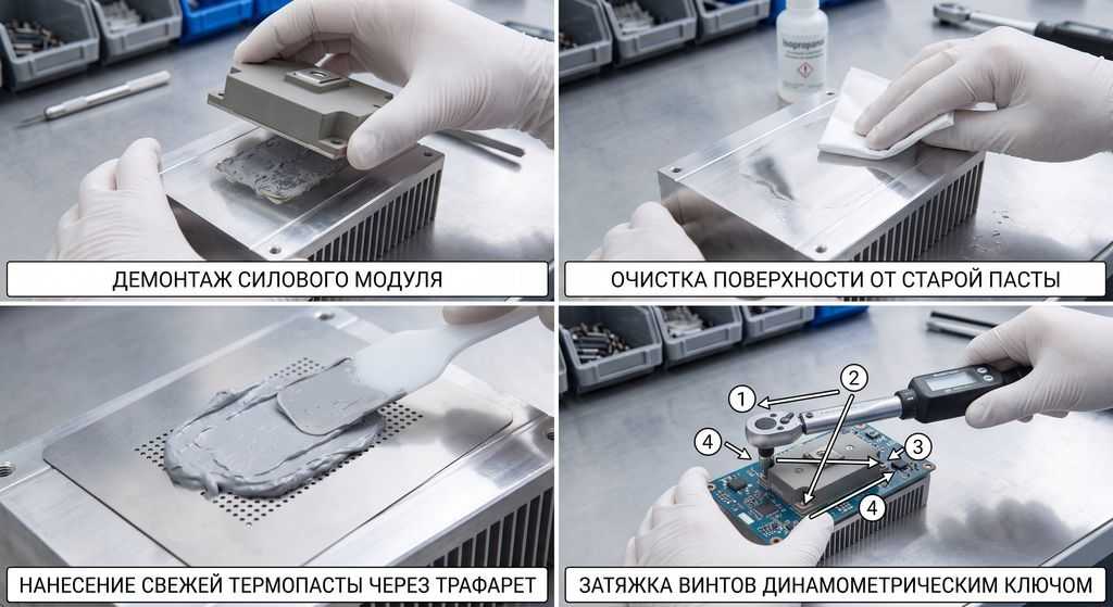 Замена термопасты под IGBT-модулем частотного преобразователя: слой 50–100 мкм и затяжка по диагонали