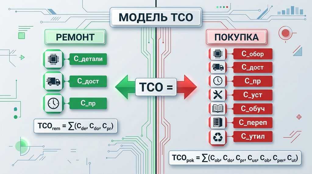 Модель TCO для сравнения ремонта и покупки ЧП