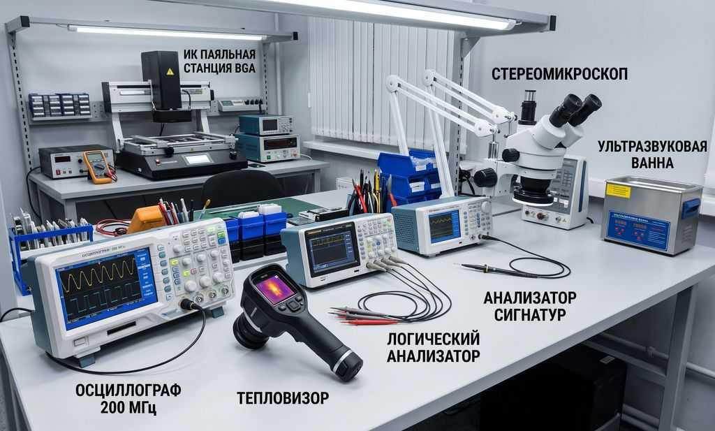 Оборудование лаборатории для ремонта промышленных плат: осциллограф, тепловизор, сигнатурный анализатор