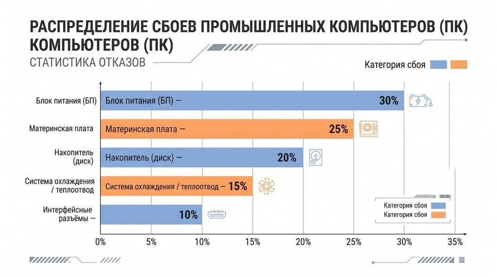 Статистика неисправностей промышленных компьютеров: блок питания 30%, материнская плата 25%, диск 20%