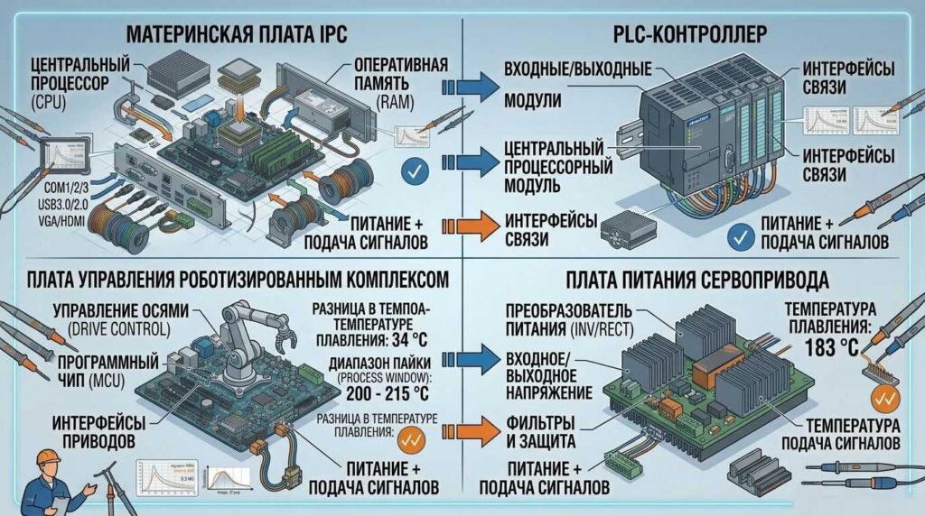 Типы промышленных плат: материнские платы IPC, PLC-контроллеры, платы управления роботами