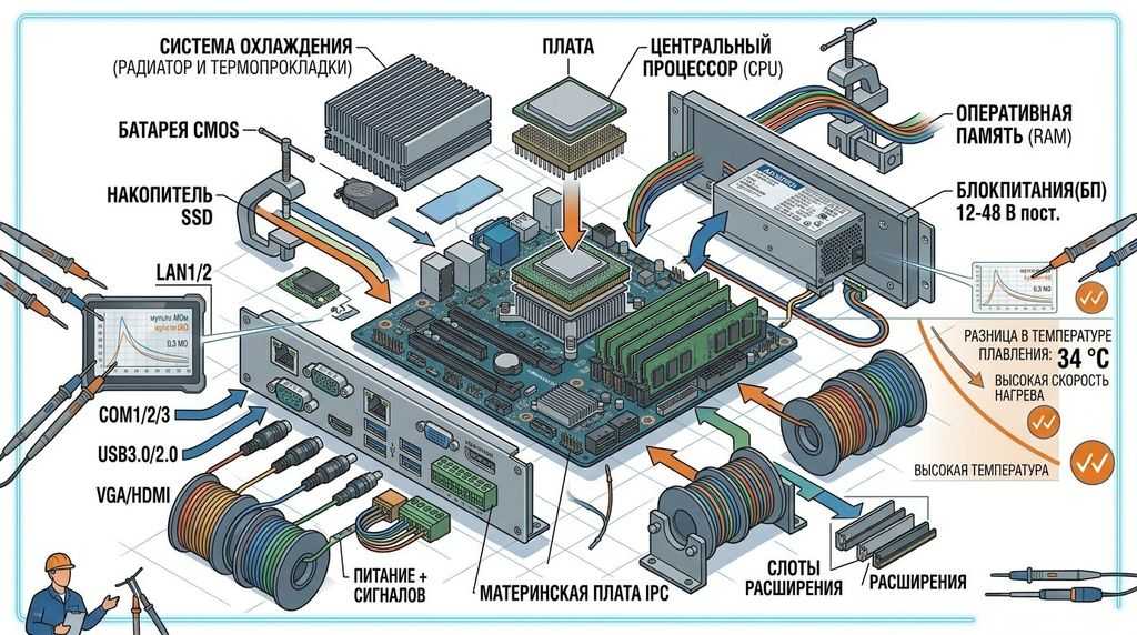 Схема устройства промышленного компьютера: материнская плата, процессор, память, накопитель, блок питания