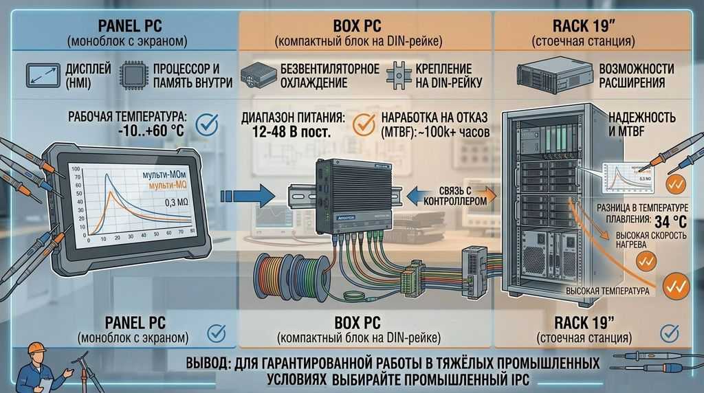 Три вида промышленных компьютеров: панельный Panel PC, встраиваемый Box PC, стойка Rack 19 дюймов